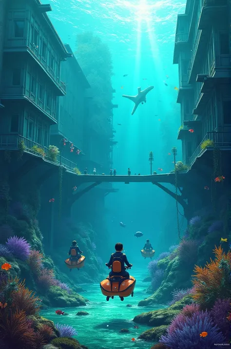 School in deep ocean and surrounded by fishes and in school s with breathing equipments and water bikes in parking of school 