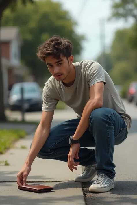 a young man crouching down to pick up a wallet on the floor in the street in front of a house