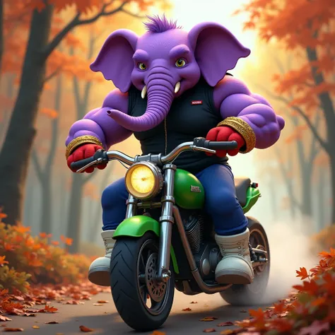 Purple muscular furry jock elephant in gold bracelets, In white boots, wearing blue pants ,  in a black sleeveless zipped sweater , wearing red gloves, he rides a green motorcycle through the autumn forest