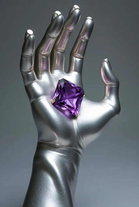 Make a silver hand with amethyst is in centre of the hand make the material in silver make it way more cooler and design this in silver
Make the stone shape as rhombus and fix the gemstone on the back of the hand make a hand gesture