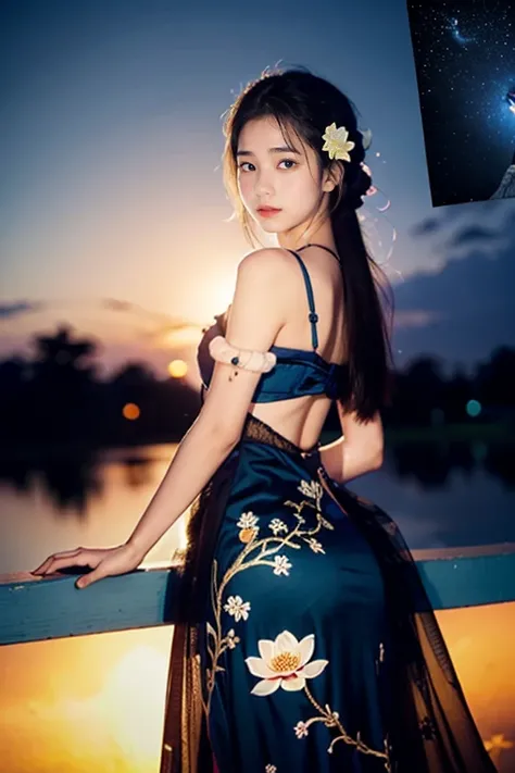 A low-angle photograph captures a stunningly beautiful and sexy young woman standing 

The image portrays a serene scene featuring a so beautiful sexy Thai-Chaines woman in a flowing blue gown adorned with intricate floral patterns. 

Her black hair is sty...