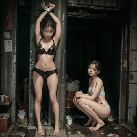 young japanese girl  is tied to a concrete pillar, with her arms behind her back, thin waist, thick and defined legs, legs tied ...