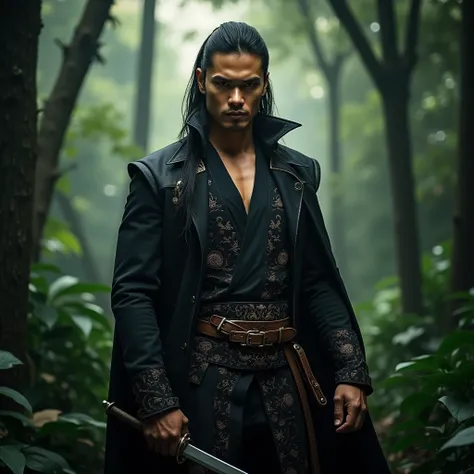  Professional photography featuring a handsome Indonesian man wearing alucard figure clothes , posing with his sword ,  against a background in a quiet jungle  . 