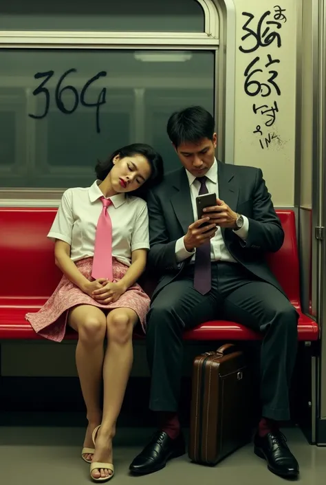 Realistic photo, In the subway, a thai woman and a man dressed in suits sit side by side on a red bench. The woman sleep on the left looks exhausted, asleep with her head tilted and her mouth slightly open, her pink tie loose and her skirt pulled up. Next ...