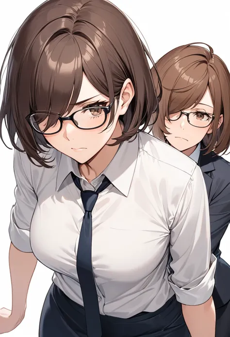  brown hair with bouncing semi-short hair with bangs rolled up and hanging over one eye, Alone, A middle-aged woman with semi-short brown hair wearing square rimmed glasses , Middle-aged woman wearing a business shirt and black tie ,  dark blue tight skirt...