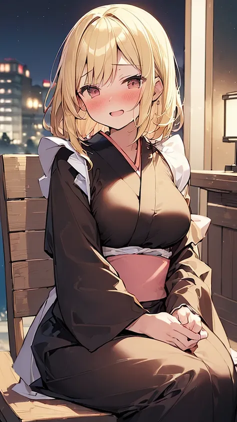 (Masterpiece, Top quality: 1.5), (at night:1.5), nsfw, 1 beautiful girl, solo, ample breasts, (kimono maid:1.5), (blonde:1.5), (medium Hair:1.2), wavy Hair, asymmetry bangs, swept bangs, airy hair, standard weight, smile:1.2, (blush:1.5), beautiful scene o...