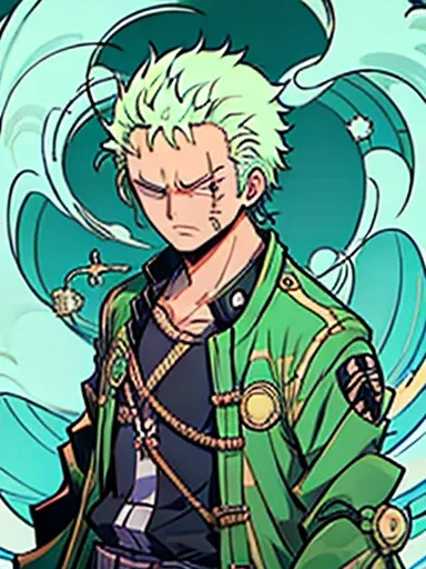  Roronoa Zoro Anime  "(One peace",) Alone,  and look at the audience,  short hair,  Long Sleeve ,  First-year students,  Green Pirate Suit Jacket,  Partes Superior Do Colpo , Arma, Feminine focus, Japanese clothing,  black cock, , Wave, Aside, Wound on the...