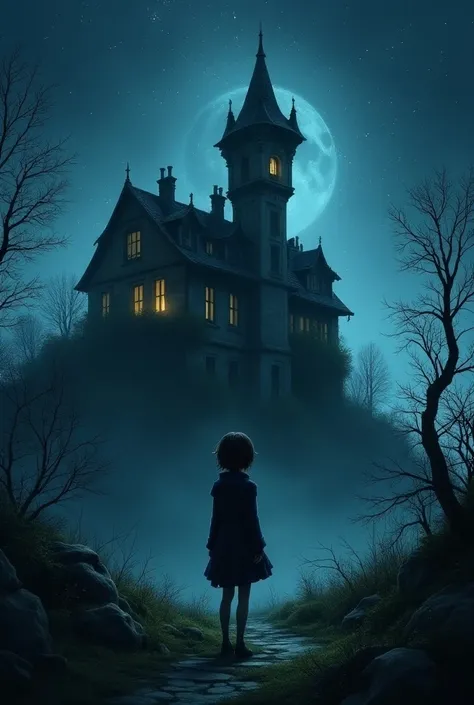  Create a cover for the story The House of Whispers .  The image must show an abandoned mansion on top of a hillside , covered in ivy and shadows ,  with a twilight sky full of bright stars . in the foreground, includes the young Yuna ,  with an expression...