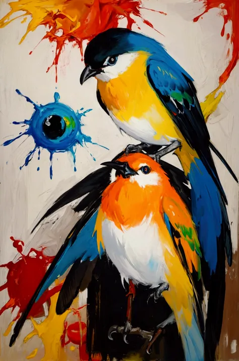  Oil and Acrylic Paints on Canvas、 Colorful Abstract Paintings of Birds 、 bright colors、Ross ･ Inspired by Bleckner 、Nuclear Fallout 、 Surrealist Masterpieces 、Flaming Oil Paintings 、