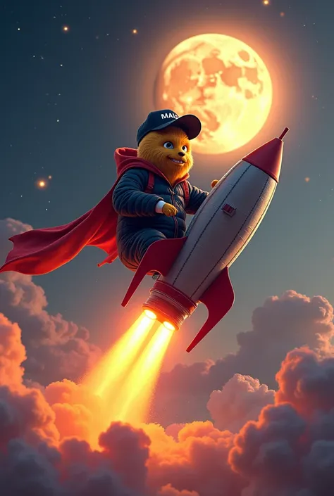 A Bitcoin riding a rocket with a MAGA hat, soaring upwards towards a shining moon representing a new all-time high, digital art, artstation trending