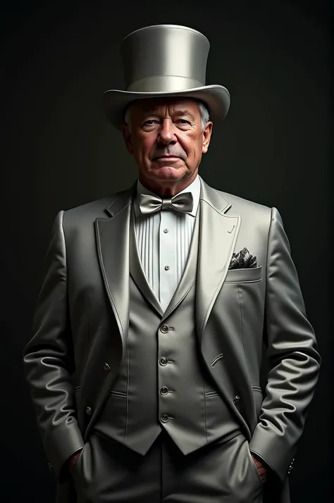 Alex Ferguson wearing silver tuxedo, silk shirt, silver bowtie, have Victorian top hat, takes his trousers off, Very detailed,  high resolution , master part, best quality,  Intricate Details,  highly detailed , sharp focus, detailed skin, texture de pele ...