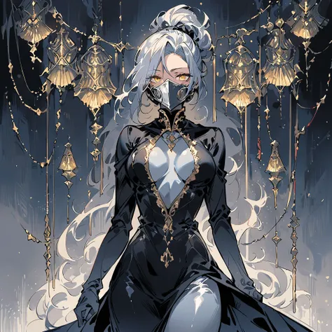   silver metallic bodysuit 、 does not show bare skin 、Woman in her 30s、 oriental hairstyle  、  slim looking taller  、 wear a black coat with boa lining、 small silver welding mask、Yellow eyes shining through the mask、Alone、Best Quality、