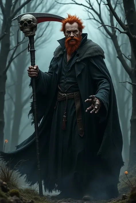 mid 40 year old, male, messy red hair, no beard, Black cloak, holding a one handed scythe, Scythe has a skull on top, skull on top of Scythe holding a cane with an eyeball orb, traveling clothes, dark woods in winter, casting spell, serious look on face, b...