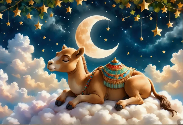 A cute baby camel sleeping on a cloud. The baby camel is surrounded by the Moon and stars. Soft, warm ambient glow.