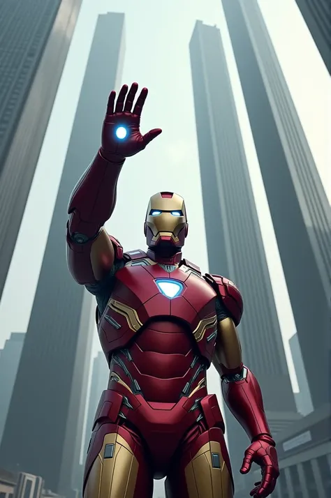 Iron man in a straight sleeping pose with one hand in its unique fighting pose while in the background 4 tall buildings are there..