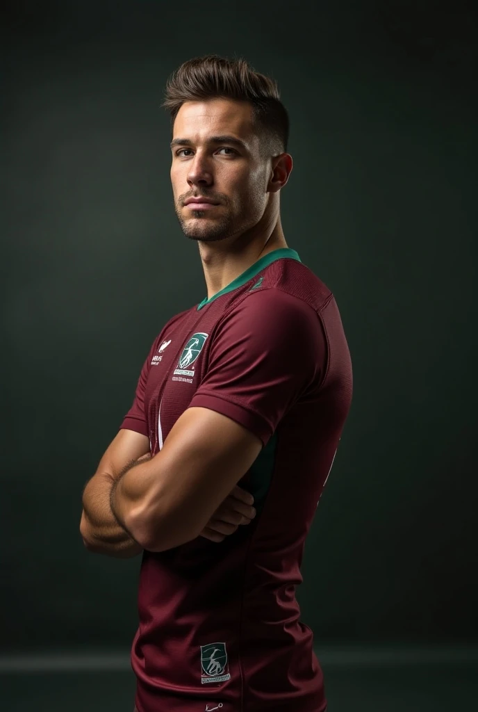 (photorealism:1.2), A football player posing in a studio with studio lighting, He is an Aussie, medium hair with side cut, Jersey colour is Maroon(Primary) and green (Secondary), His height is 59" and weight is 85 kgs. Age is 28 years.