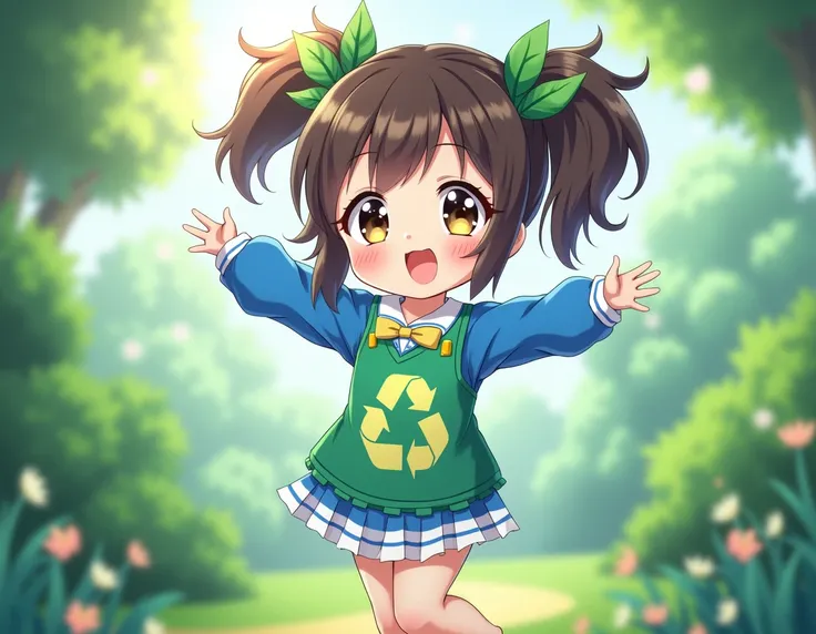 Design me a cute anime girl image who is representing the month of RECYCLING, her outfit has blue, green and white colors.