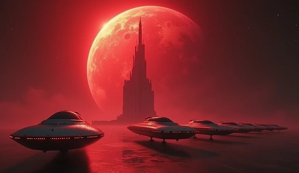 Sci-fi movie footage ，The scene is spectacular and shocking ，. A huge battery is being charged by a dark red star in space， with a row of spaceships lined up side by side ，