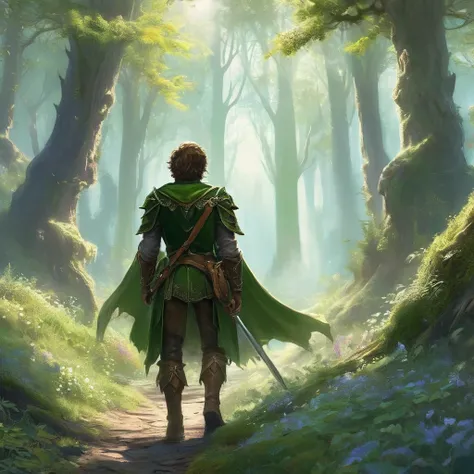 "Create an image of a back view of a brown-haired elf as they walk gracefully through an ancient, enchanted forest. The elf wears a medieval hunter’s outfit—leather armor with intricate, nature-inspired patterns, a green cloak that flows gently behind, and...