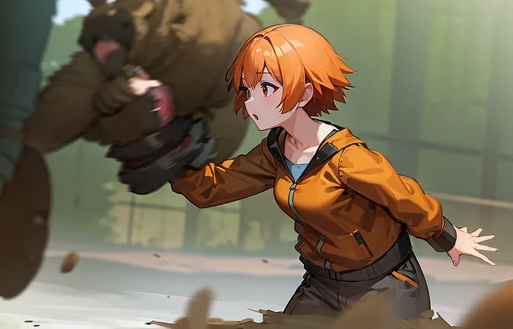  A girl with short orange hair dressed in military clothes, Fighting a bonobo.