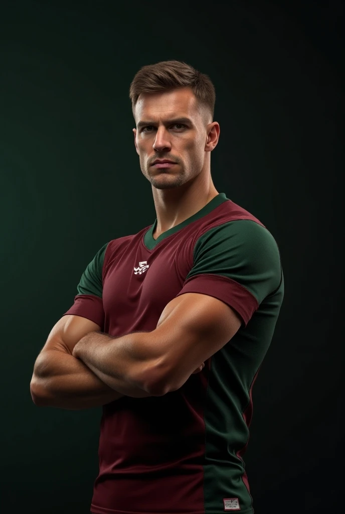 (photorealism:1.2), A football player posing in a studio with studio lighting, He is an Aussie, medium hair with side cut, Jersey colour is Maroon and green colour in 7:3 ratio, His height is 59" and weight is 85 kgs. Age is 28 years.