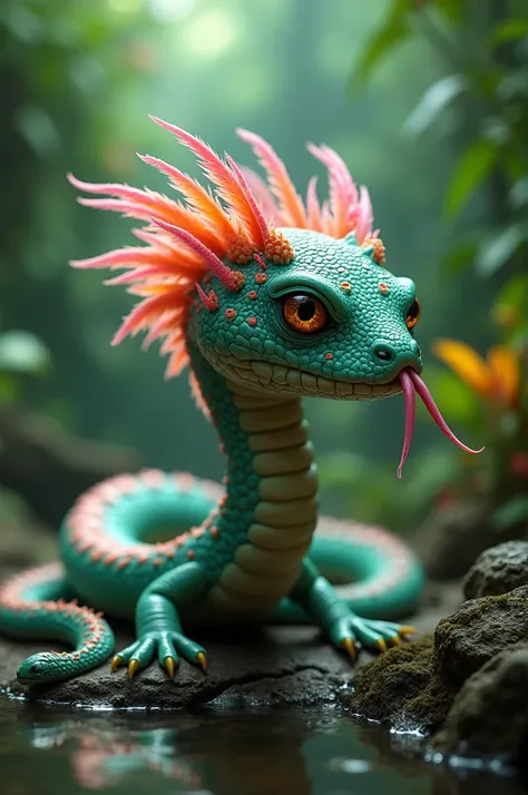  A hybrid creature between a snake and an axolotl Mexican in a humid jungle environment .  The creature has the elongated, scaly body of a cobra ,  with a crest of feathery and colorful gills on both sides of its head , similar to those of the axolotl .  I...