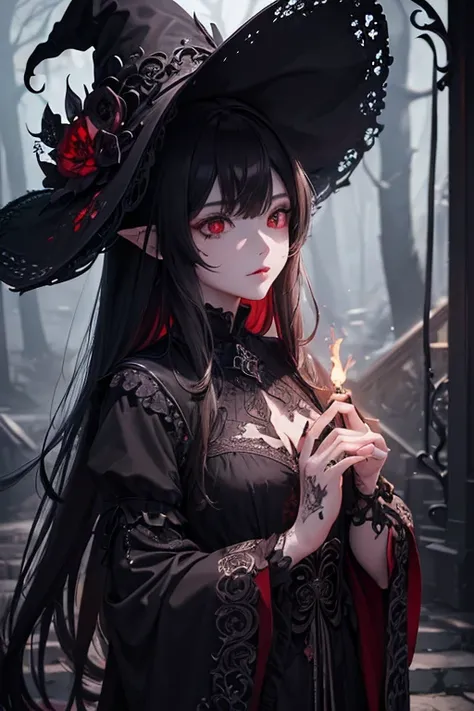 ((masterpiece)), ((Highest quality)), ((Highly detailed composition)), ((Highly detailed texture)), ((4K, 8k))、The world of gothic horror、Ghostly Deep Forest、Blood-splattered witch、Magical tattoos appear on the body、Red Eyes、Black tattered mage&#39;s robe、...