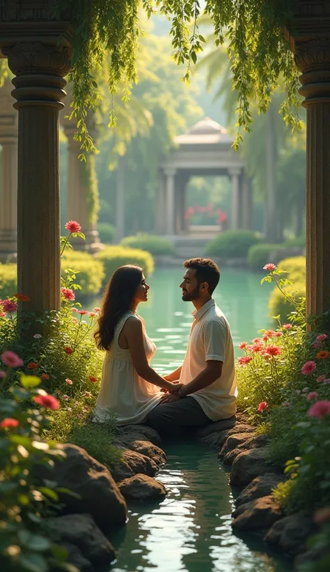 Natural Beauty and Inner Peace
A couple spends time in a beautiful garden in ancient India, sitting peacefully by trees, flowers, and rivers. Their connection is not only physical but also mental and spiritual. This scene reflects the deep bond between pea...