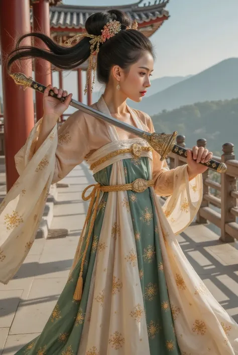 GGGJAAA，make up，huadian ，Hanfu，Magnificent buildings，palace，architecture ， east asian architecture ， highest image quality、Real images、 is the best quality,masterpiece, highest image quality、Real images、 Middle,A female swordsman ,  medieval art  , 1 Sword...