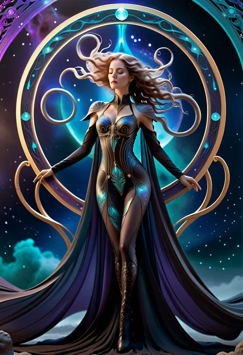 a beautiful void goddess, void elemental woman floating in the void dimension, dramatic poses, ghostly lovecraftian tentacles, intricate flowing bodysuit, wearing a nebulae like cape, Hans Ruedi Giger bio-mechanical style, fantasy art nouveau tarot card st...