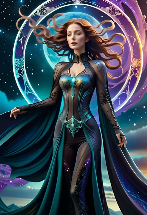 a beautiful void goddess, void elemental woman floating in the void dimension, dramatic poses, ghostly lovecraftian tentacles, intricate flowing bodysuit, wearing a nebulae like cape, Hans Ruedi Giger bio-mechanical style, fantasy art nouveau tarot card st...