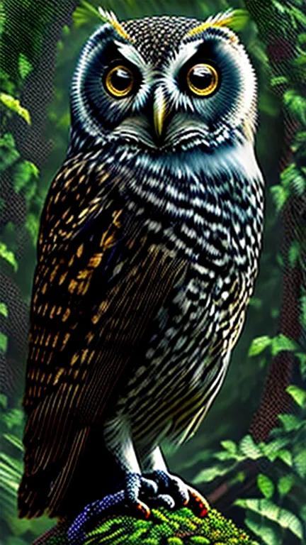 sleepy owl, on a tree branch, chiaroscuro, big eyes, (looking forward at the camera), low-res, 4-bit, pointillism, (((pixel))),(...