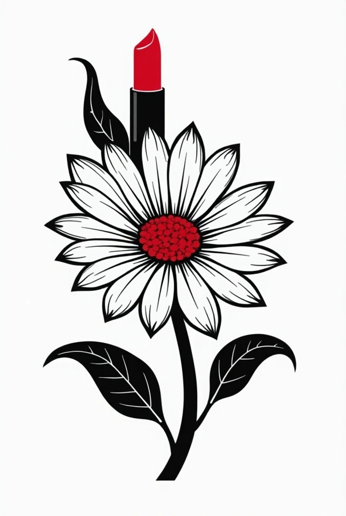 A stylized daisy flower in black and white, with the name " Marilin Cosmetics "  daisy in an elegant, minimalist font and a bright red lipstick as a focal point.