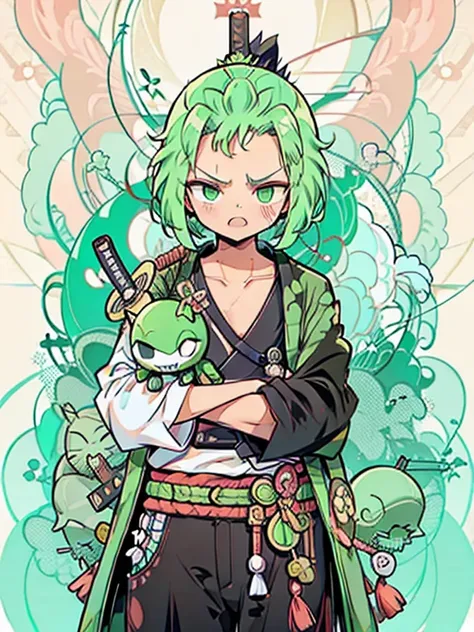  Roronoa Zoro,2 people,女になった Roronoa Zoro, anime "(One peace",) ,With a sword,  and look at the audience,  short hair,  Long Sleeve ,  Green Pirate Suit Jacket,  Partes Superior Do Colpo , Arma, Feminine focus, Japanese clothing,  black cock, , Wave, Aside...