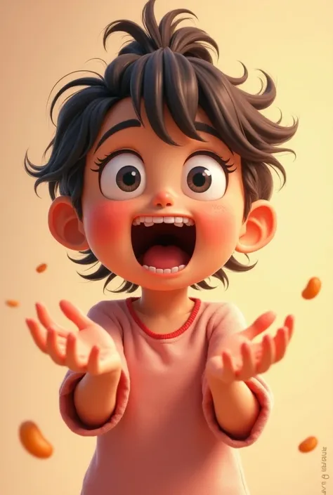 Animated girl with her mouth open and her hands open in front looking down with her hands outstretched as if she were hungry about to eat