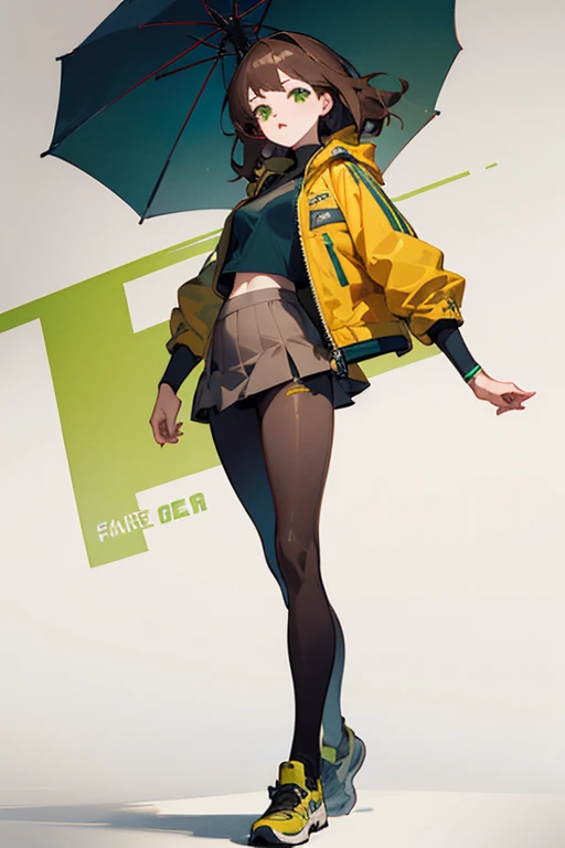 ((best quality)), ((masterpiece)), (detailed), 1girl, brown hair, pale brown skin, green eyes, regal, fit, cropped jacket, skirt, leggings, shoes, green, white, seductive