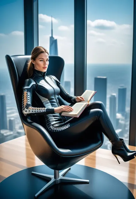 office in a skyscraper in a big city, a cyborg female sits in a luxurious chair and reads a book,  Heavy mens boots, high quality, Absurd, Masterpiece, Beautiful, complex parts, 1/2 body crops, slender body, Beautiful figure, Magnificent Anatomy, (complex ...