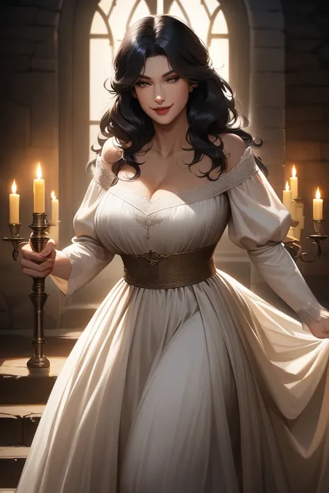 In a semi-realistic anime art style, a medieval woman with long black hair is walking into a candlelit room, wearing a peasant wedding gown that shows off sultry curves, she has a mischievous smile