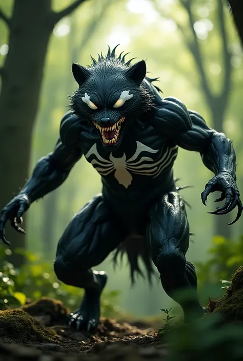 Venom+raccoon create hybrid animal image, background in forest light 