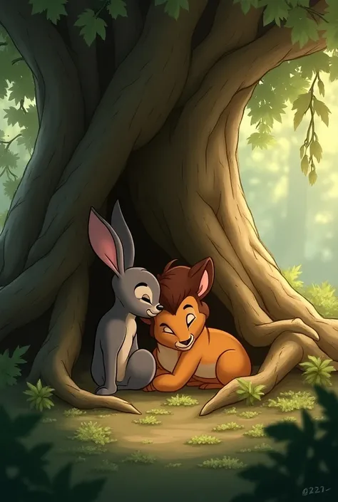 
Thumper and Leo resting under the shelter of the ancient tree’s roots.