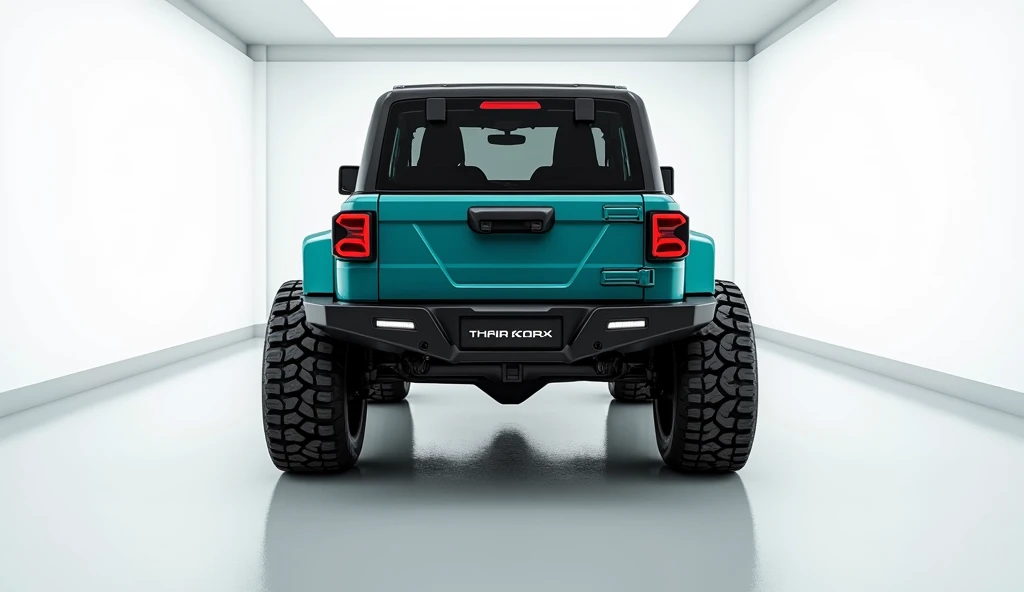 A photorealistic render of a teal 2025 Mahindra Thar Roxx , back view,  massive off-road tires, custom black steel bumper with integrated LED light bars,  set in a minimalist white showroom, 8k resolution, cinematic lighting, hyperrealistic detail.