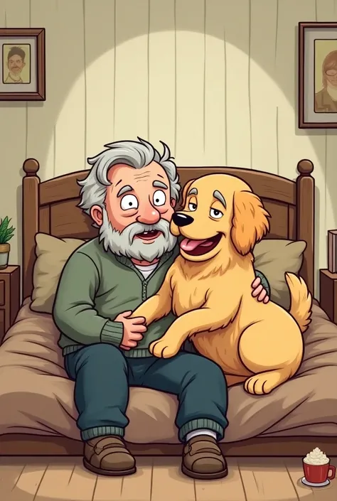 Create a cartoon of an old man with short hair and beard in his 60’s sitting on the bed with his golden retriever dog