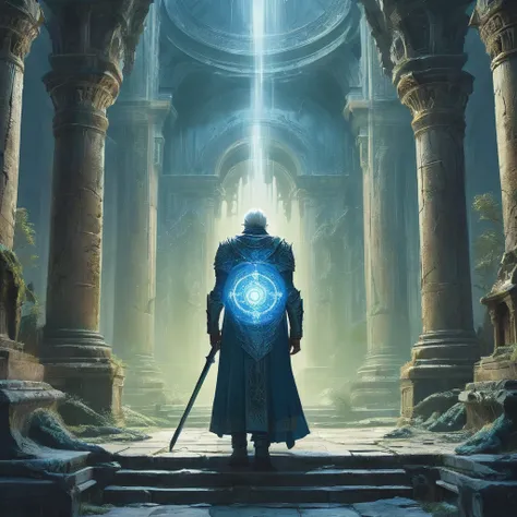 
"Create an image showing the back view of a white-haired teenage warrior as he walks through a vast, forgotten temple. He’s clad in striking blue armor adorned with silver accents, the metal catching glints of faint light that pierce through the cracks in...