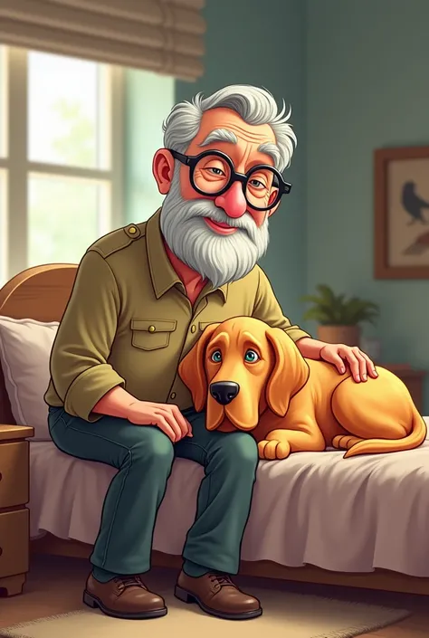 Create a cartoon of an old man with military cut and beard and big glasses in his 60’s sitting on the bed with his golden retriever dog