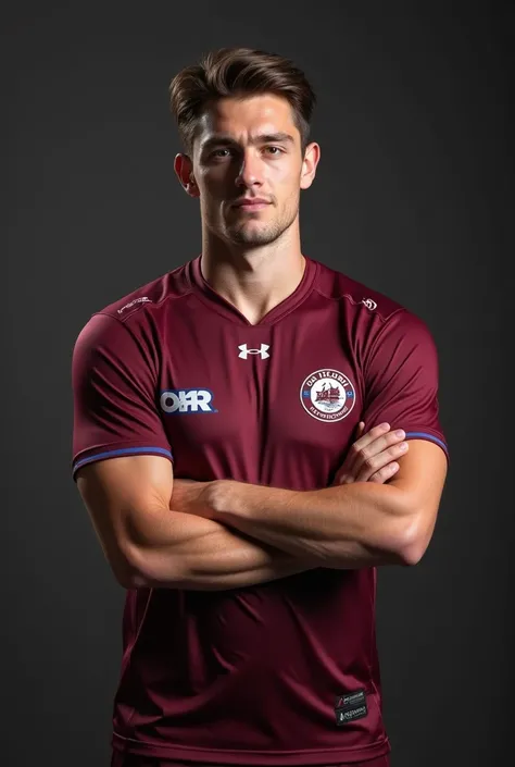 (photorealism:1.2), A football player posing in a studio with studio lighting, He is an Aussie, medium hair with side cut, Jersey colour is Maroon( with deep and light shade) and green colour in 7:3 ratio, His height is 59" and weight is 85 kgs. Age is 28 ...