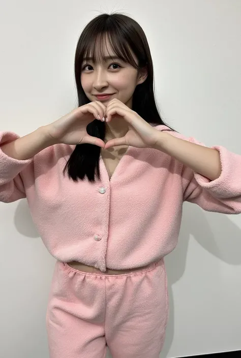 Only one woman with a cute smile wears cute, fluffy off-shoulder pajamas, makes a big heart shape with both hands, and poses them in front of her chest, View above collarbone、The background is a monotone 

