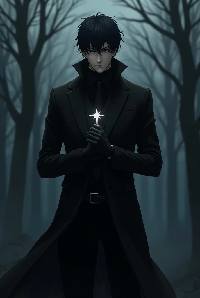 anime, a handsome tall man with black hair and grey eyes and a cold face holding a small white supreme star wearing a black costume and black trench coat, dark souls-like background