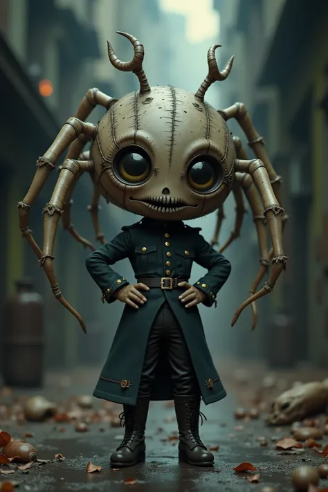 generate images of kawaii chibi character of (spider head) zany scarecrow with a horror fantasy theme,(hands on hips:1.5),clothes must be highly intricate military style , elegant, and visually striking, highly detailed leather boots, resembling digital pa...