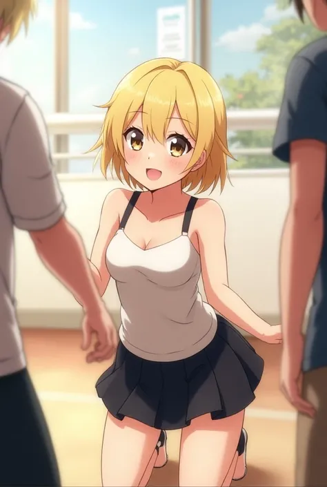 Blonde， short hair， Miniskirt， camisole，プリーツの Miniskirt，High school girl， big smiles at handshake event ，Her chest is F cup，プランクをしている，