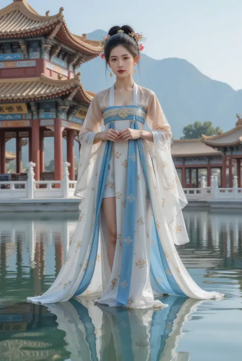 GGGJAAA，make up，huadian ，Hanfu，Magnificent buildings，palace，architecture ， east asian architecture ， highest image quality、Real images、 is the best quality,masterpiece, highest image quality、Real images、 Middle, Arapei in a blue and white dress stands in t...